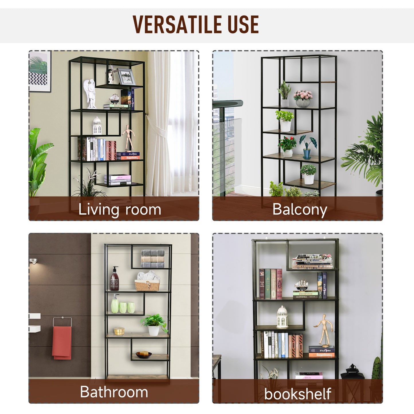 Elra Rana Metal And Wood Rustic Brown And Black 6 Tier Industrial Tall Bookcase