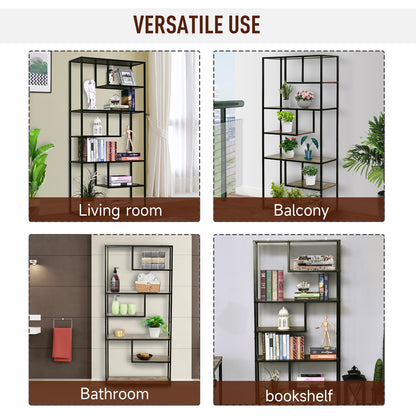 Elra Rana Metal And Wood Rustic Brown And Black 6 Tier Industrial Tall Bookcase