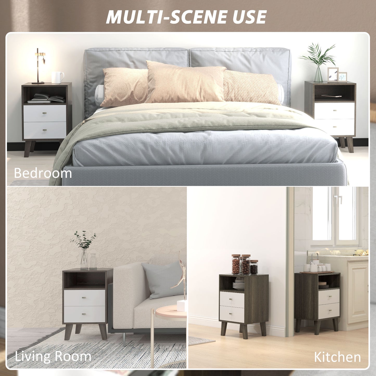 Cosana Grey and White Scandinavian Bedside Table With Drawers And Open Shelf