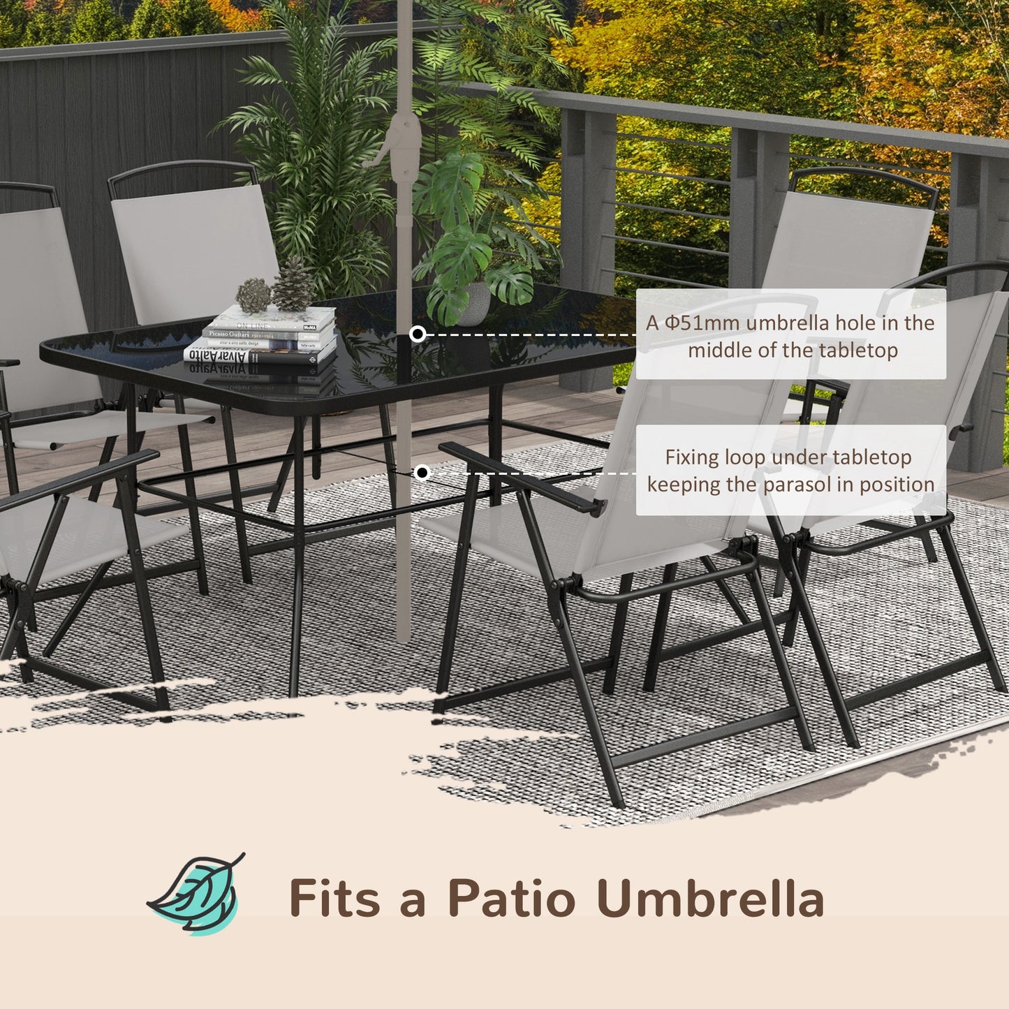Lobama 6 Seater Grey Mesh Garden Dining Set with Glass Top Table and Folding Chairs