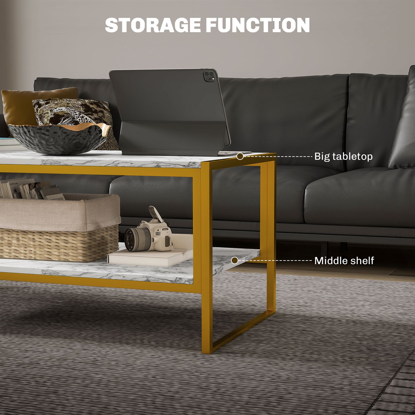 Vile Metal And Wooden White Marble Effect 2 Tier Coffee Table With Bottom Shelf