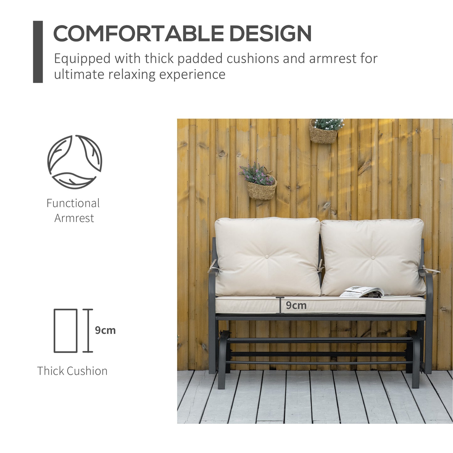 Yorota Metal And Fabric Cream 2 Outdoor Glider Bench With Cushions And Armrests