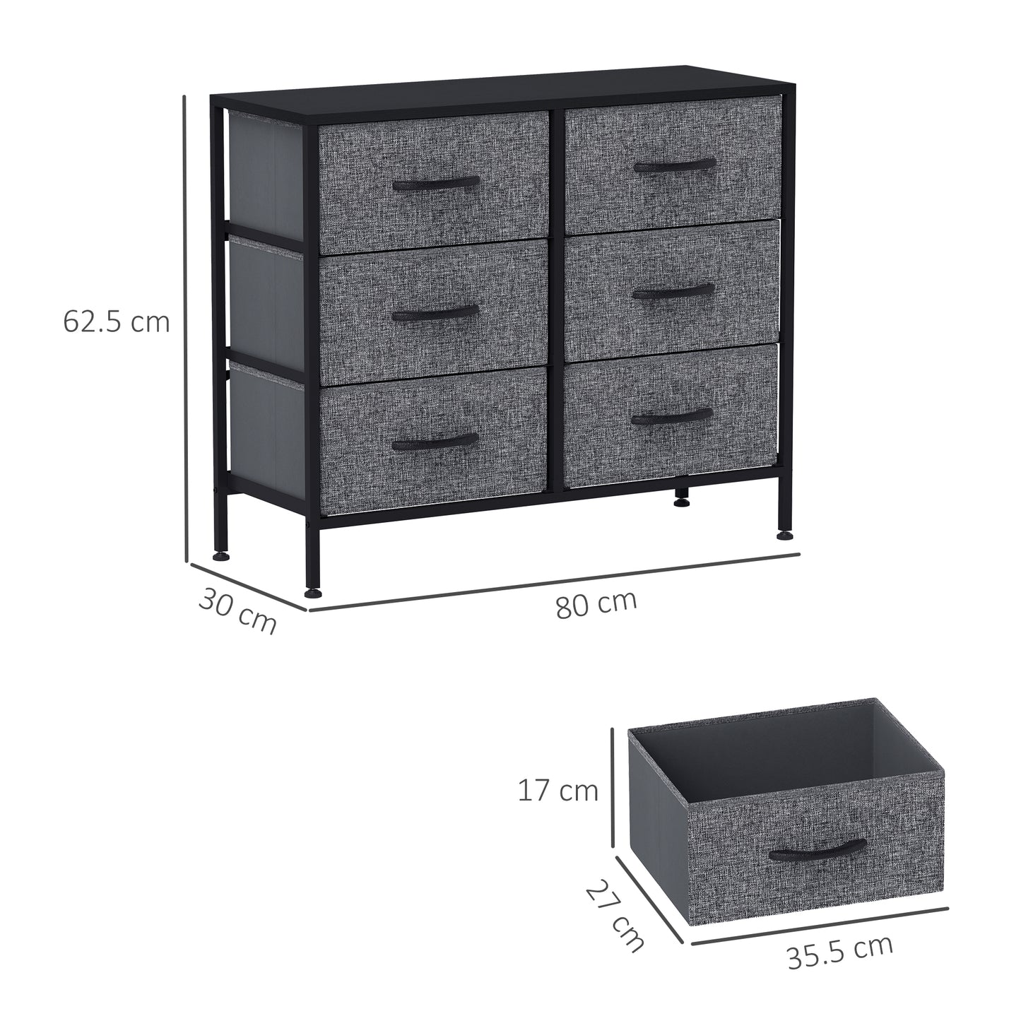 Veroso Black Metal And Grey Fabric Black 6 Drawer Industrial Storage Dresser