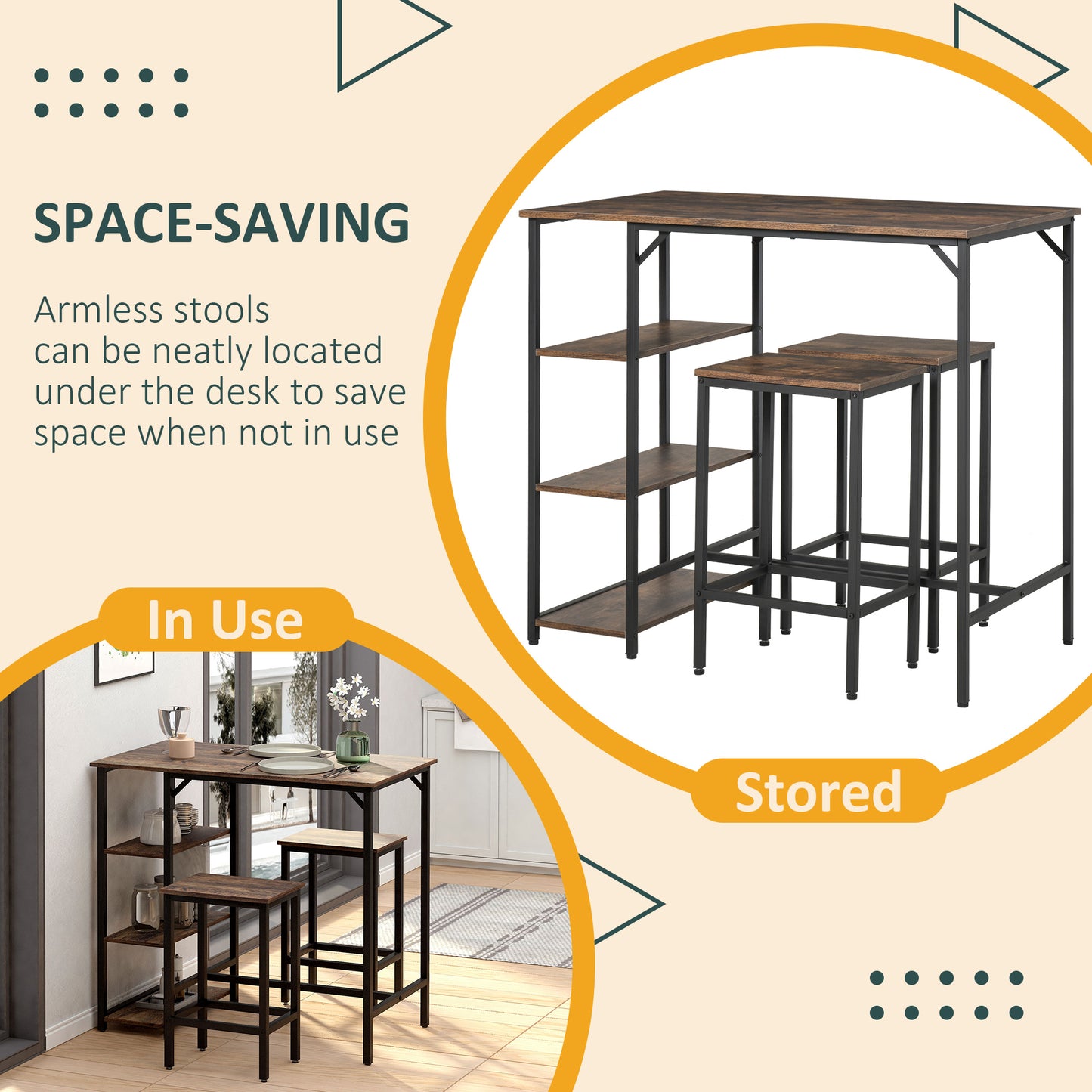 Elba Metal And Wooden Industrial 3 Piece Bar Dining Set With Side Storage