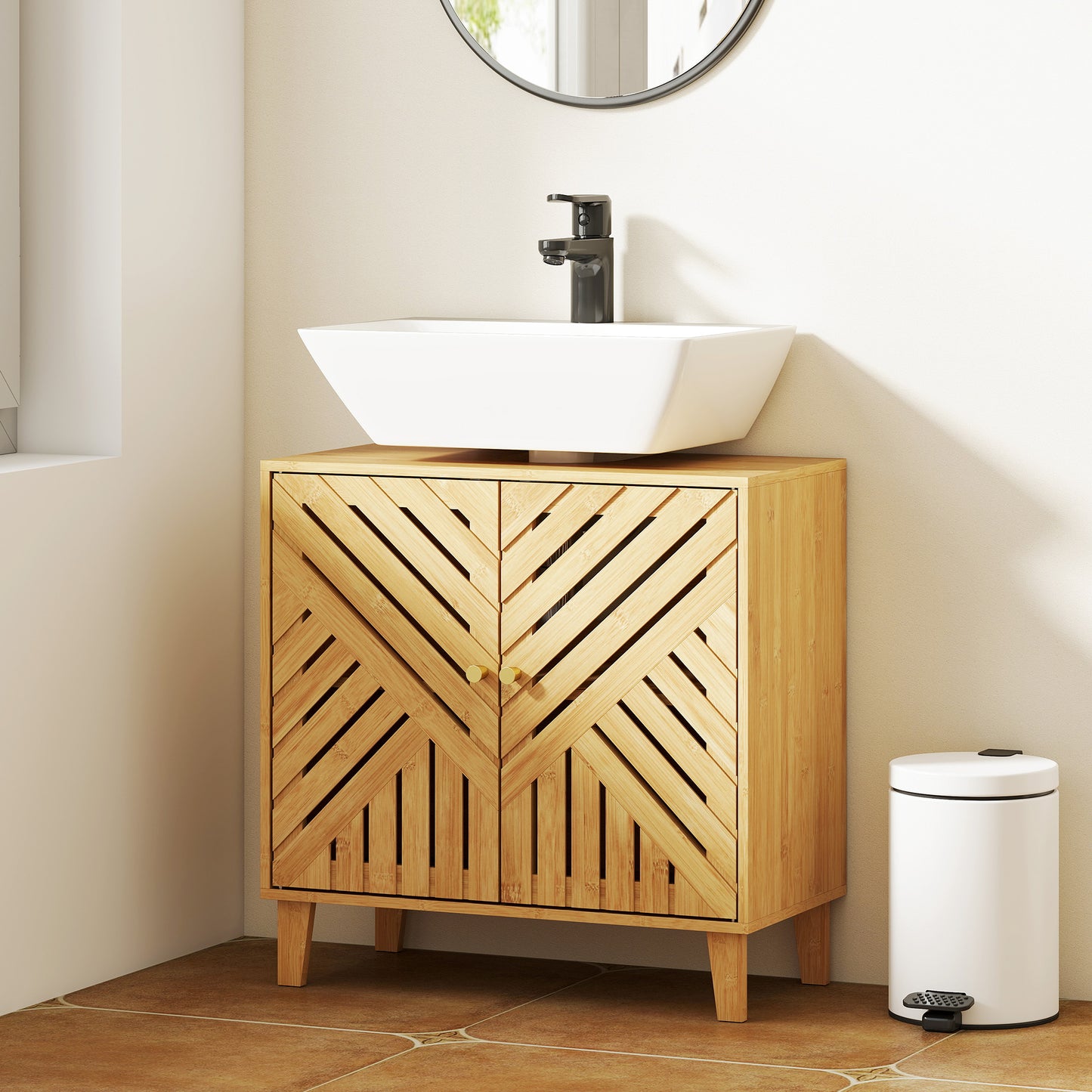 Limifi Bamboo Under Sink Bathroom Storage Cabinet With Adjustable Shelving Natural Finish