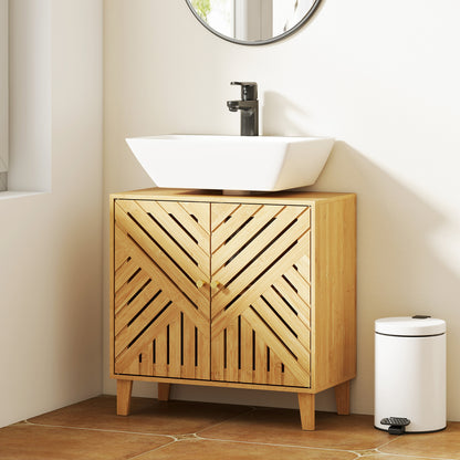 Limifi Bamboo Under Sink Bathroom Storage Cabinet With Adjustable Shelving Natural Finish
