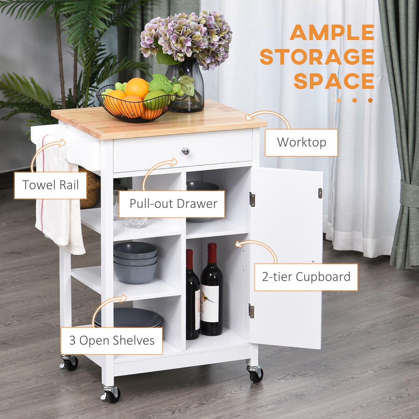 Yota Wooden White Kitchen Island On Wheels With Wood Top Shelves And Storage Cupboard