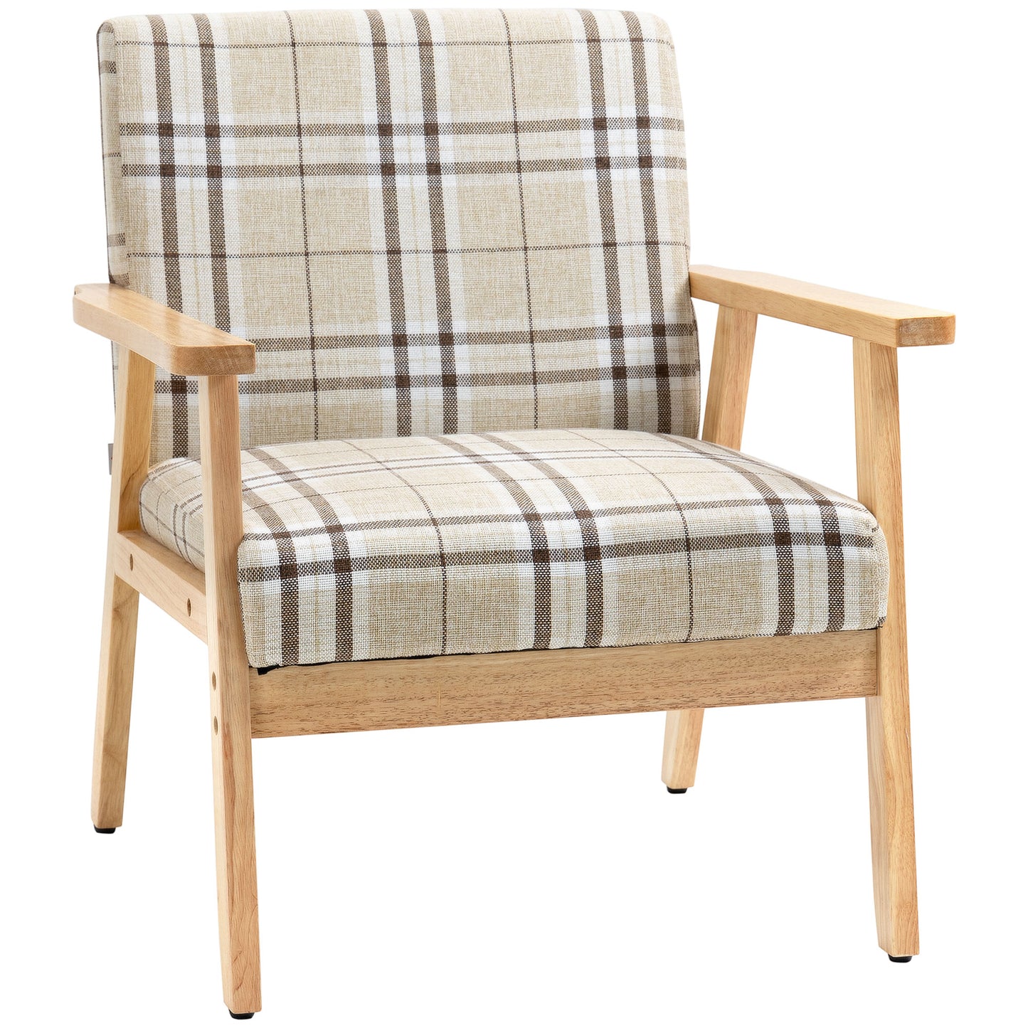 Sove Linen Beige Tartan Pattern Single Armchair With Wooden Frame