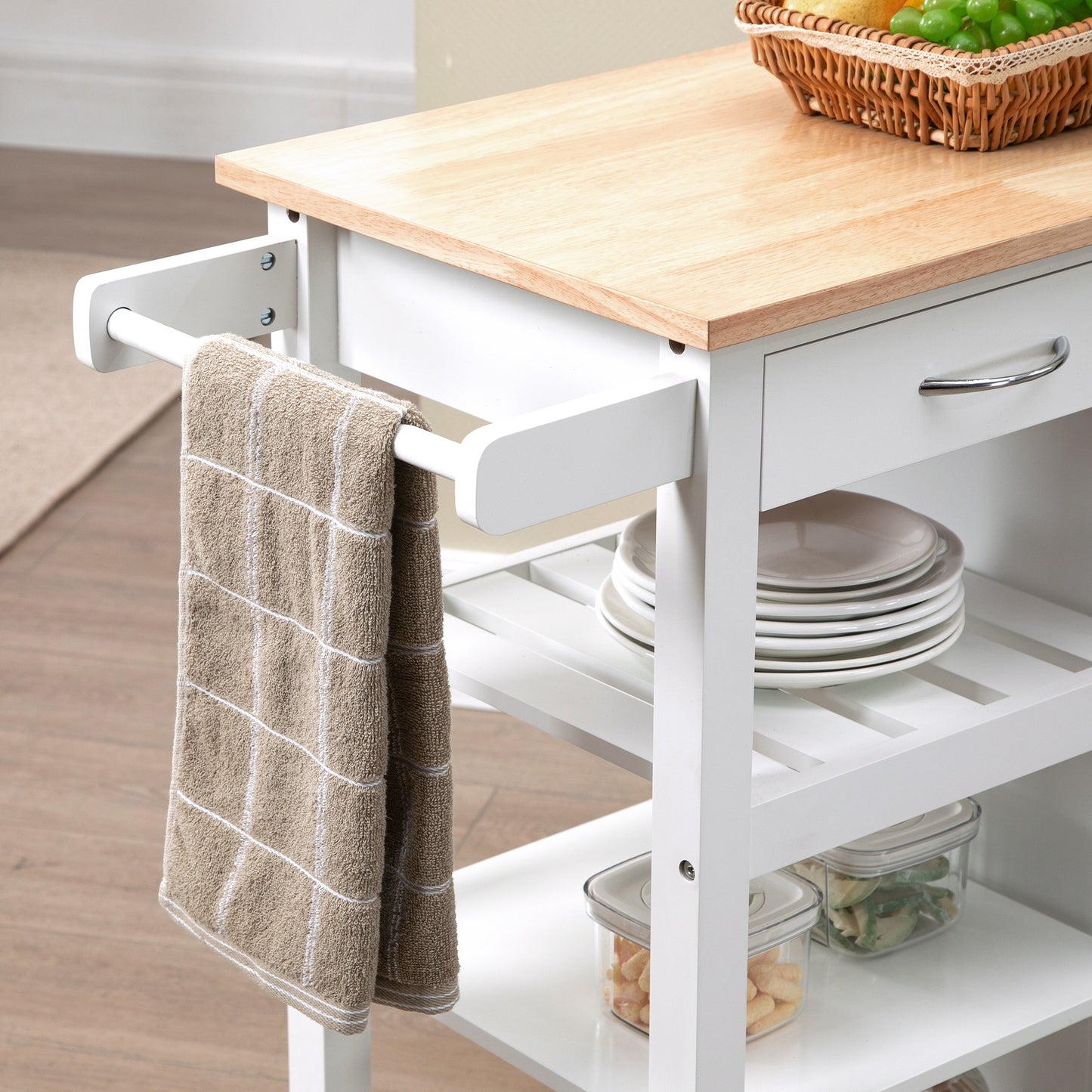 Cottalo Wooden White Rolling Kitchen Trolley With Embossed Door Panels And 3 Storage Shelves