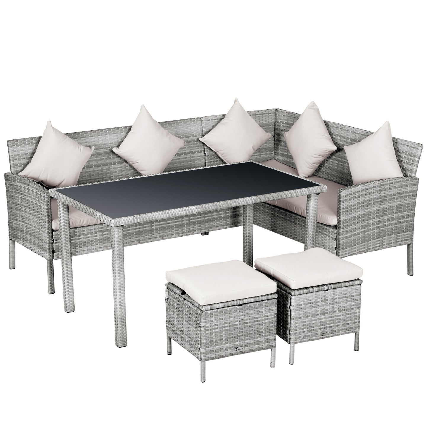 Mora Rattan 7 Seater Outdoor Dining Set with Sofa 2 Footstools and Rectangular Table