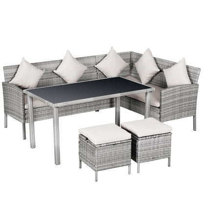 Mora Rattan 7 Seater Outdoor Dining Set with Sofa 2 Footstools and Rectangular Table