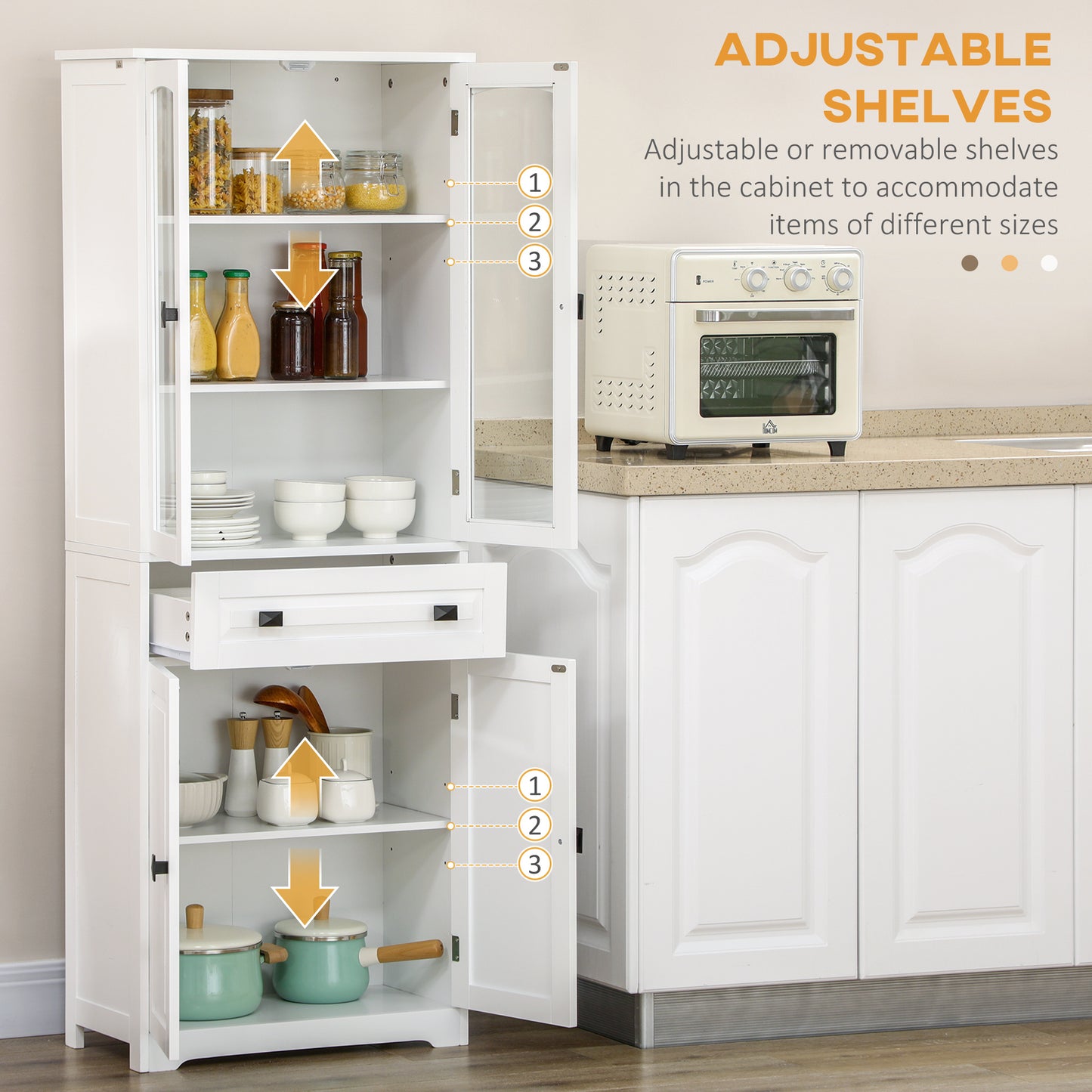 Cotase 160cm Wooden White Kitchen Cupboard With Adjustable Shelves Drawer And Glass Door