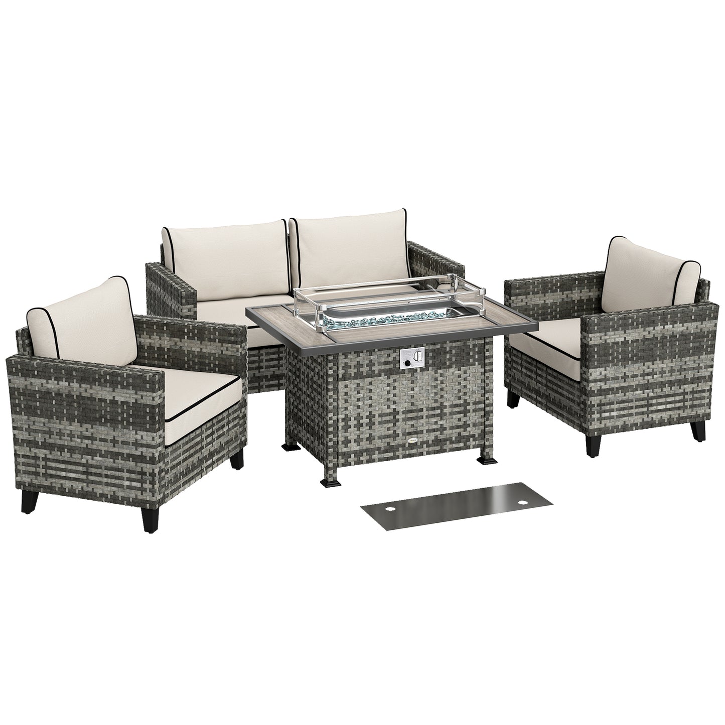 Nerato Grey Rattan 4 Seater Garden Furniture Set With Gas Fire Pit Table