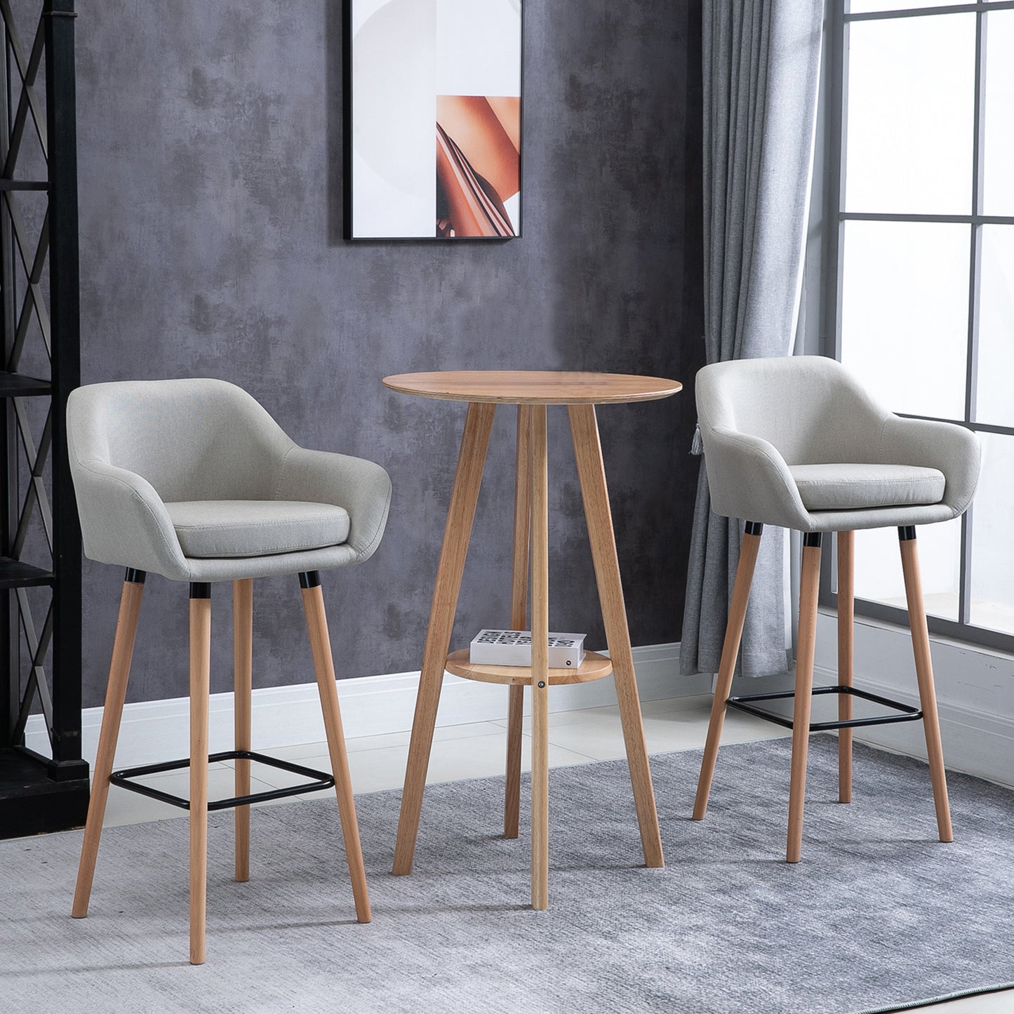 Dottira Fabric Beige Upholstered Bar Chairs Set Of 2 With Wood Legs And Metal Frame