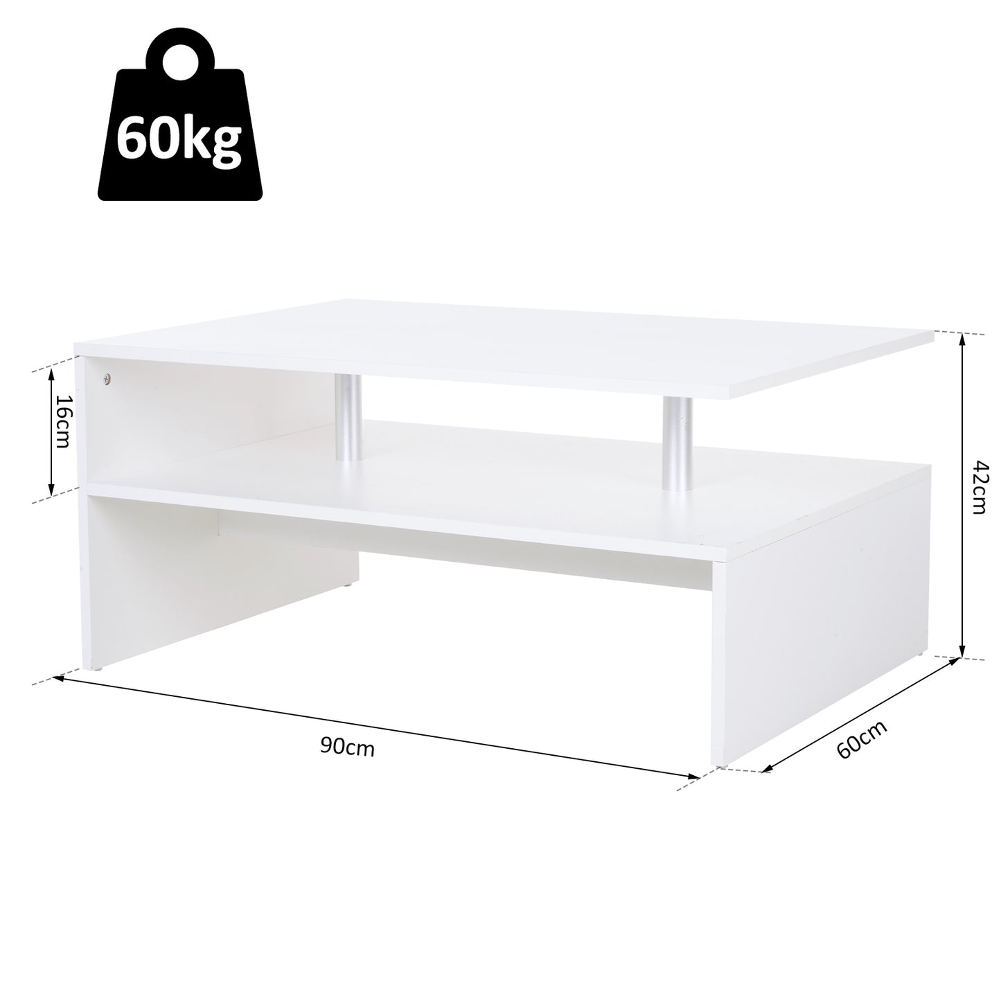 Vifama Wooden White 2 Tier Coffee Table With Open Shelving And Aluminium Supports