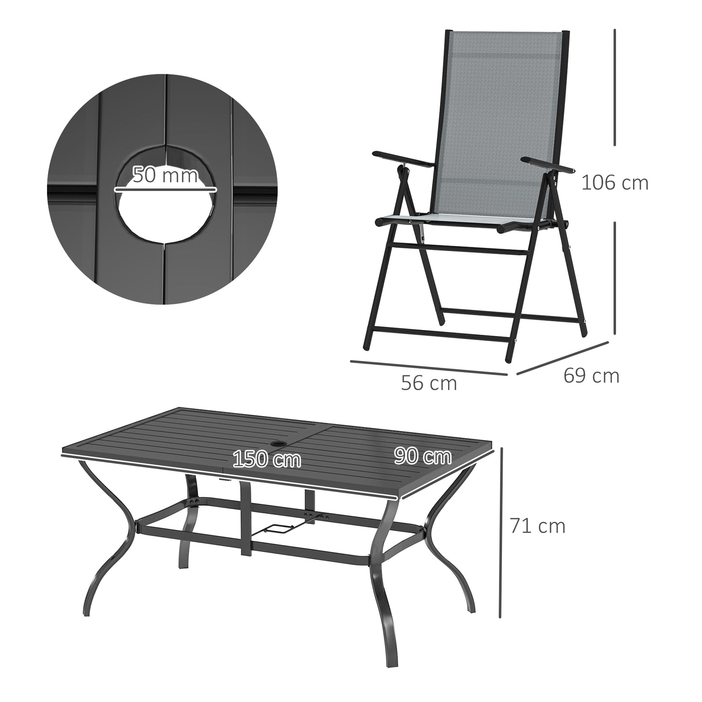 Mamoka 6 Seater Steel and Grey Mesh Outdoor Dining Set with Parasol Hole