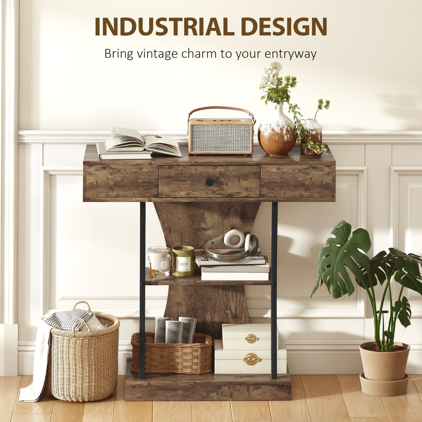 Rasana Metal And Wooden Rustic Brown 3 Tier Console Table With Drawer And Shelves