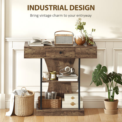 Rasana Metal And Wooden Rustic Brown 3 Tier Console Table With Drawer And Shelves