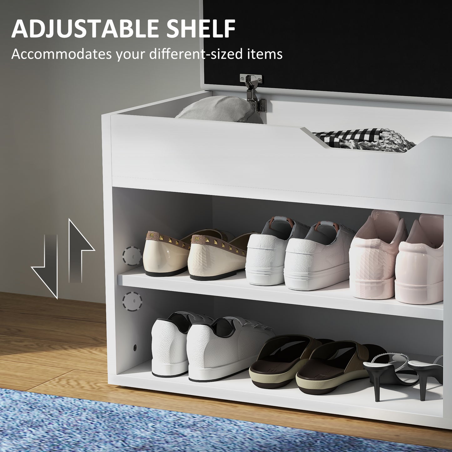 Zima Wooden White Shoe Storage Bench With Hidden Compartment And Grey Padded Seat