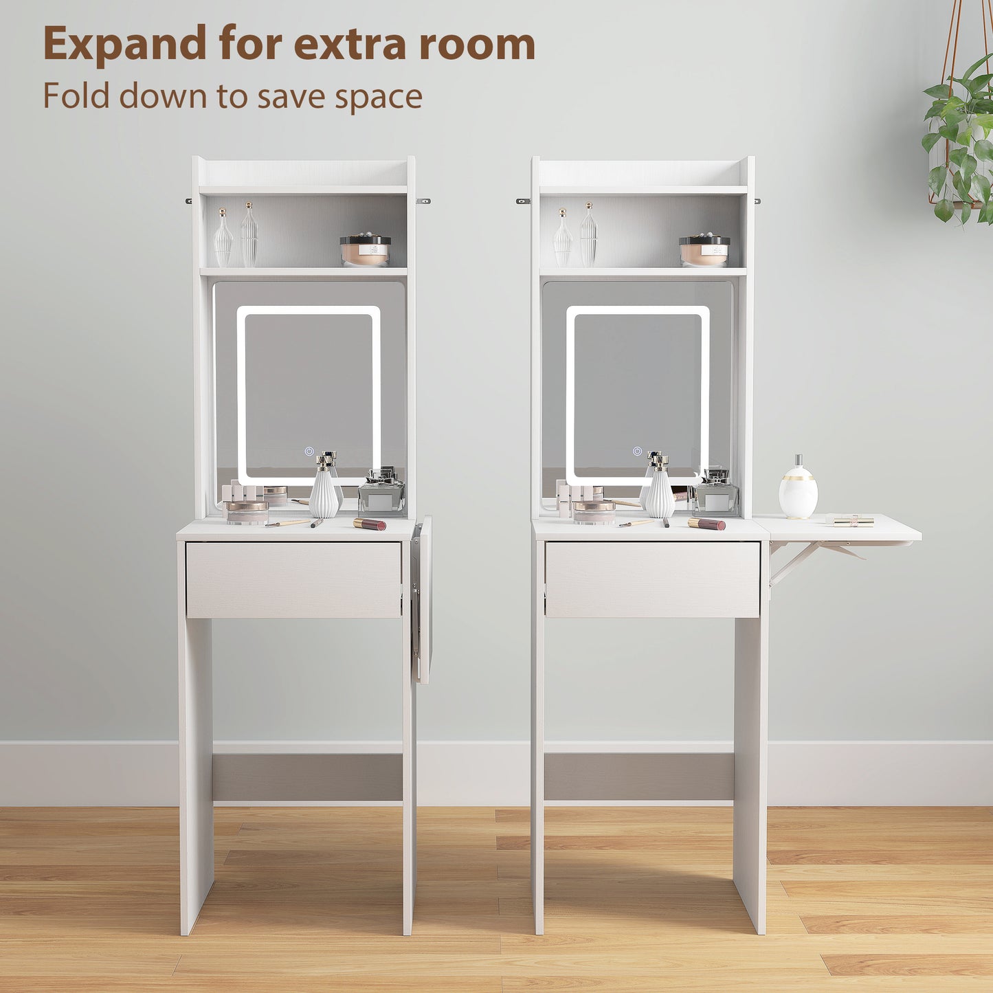 Ravitti White Compact Vanity Desk With Mirror LED Lights Drop Leaf And Open Shelves