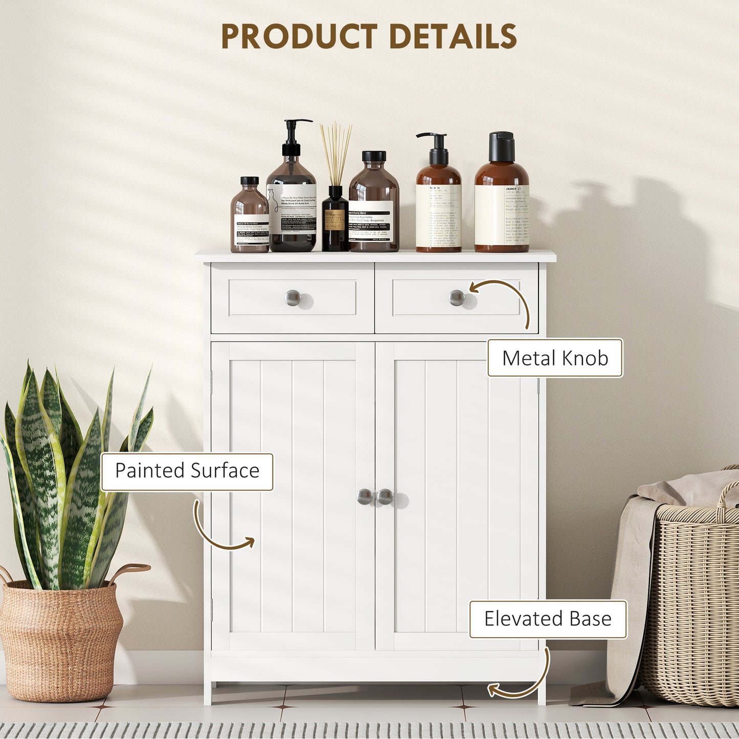 Zilu Freestanding Bathroom Storage Cabinet With 2 Drawers And Cupboard Traditional White Finish 75x60cm
