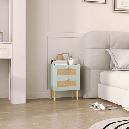 Reka Boho Olive Green Wood And Rattan 2 Drawer Bedside Table