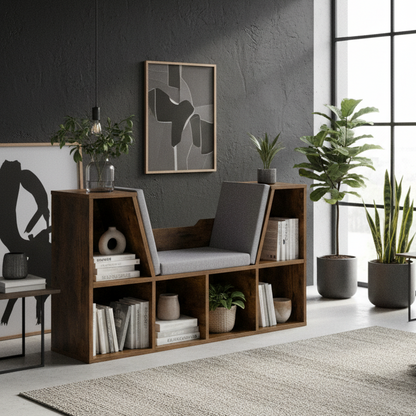 Kalavi Wood Rustic Brown Cube Bookcase With Cushioned Reading Seat