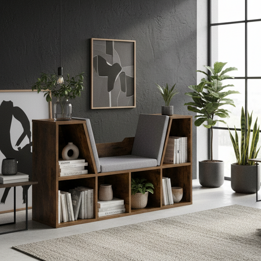 Kalavi Wood Rustic Brown Cube Bookcase With Cushioned Reading Seat