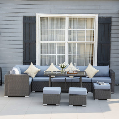 Vihatta Rattan Grey And Dusty Blue 9 Seater Outdoor Corner Dining Sofa Set