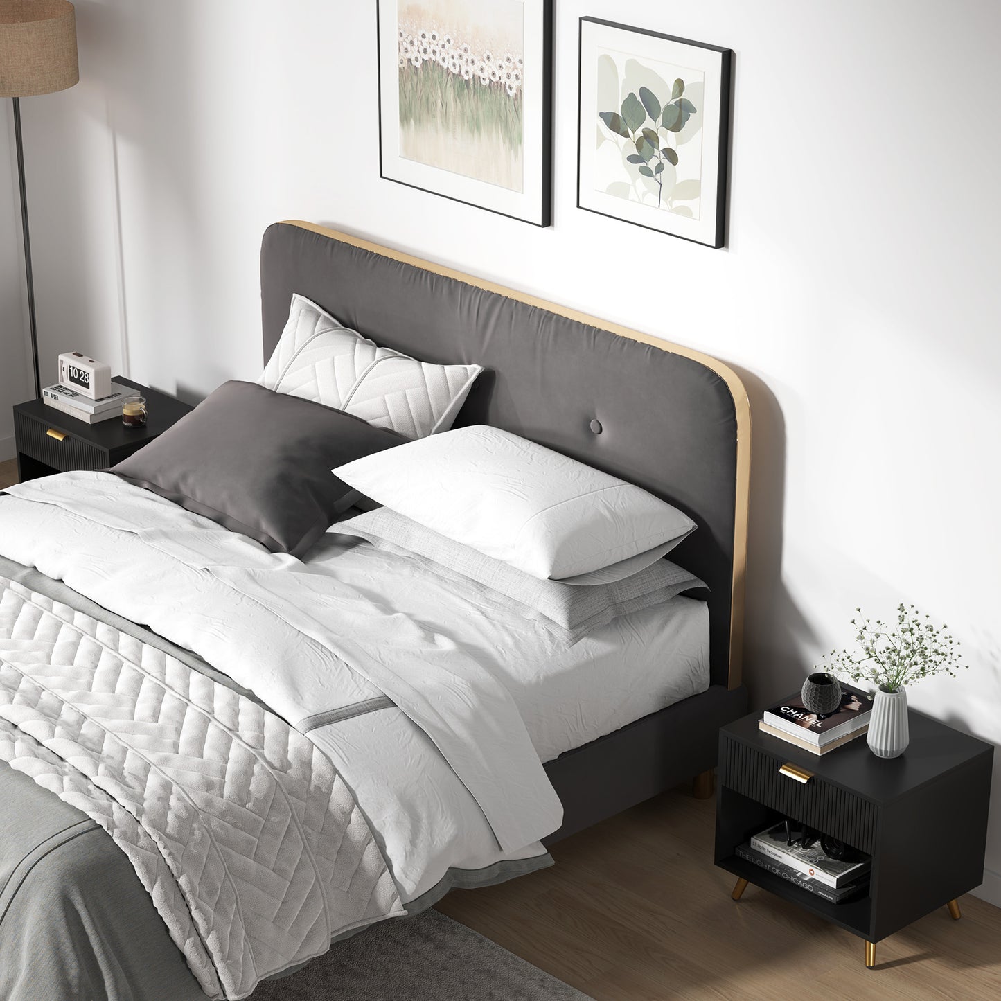 Sota Sola Set Of 2 Black And Gold Ribbed Elegant Bedside Tables With Drawer And Shelf