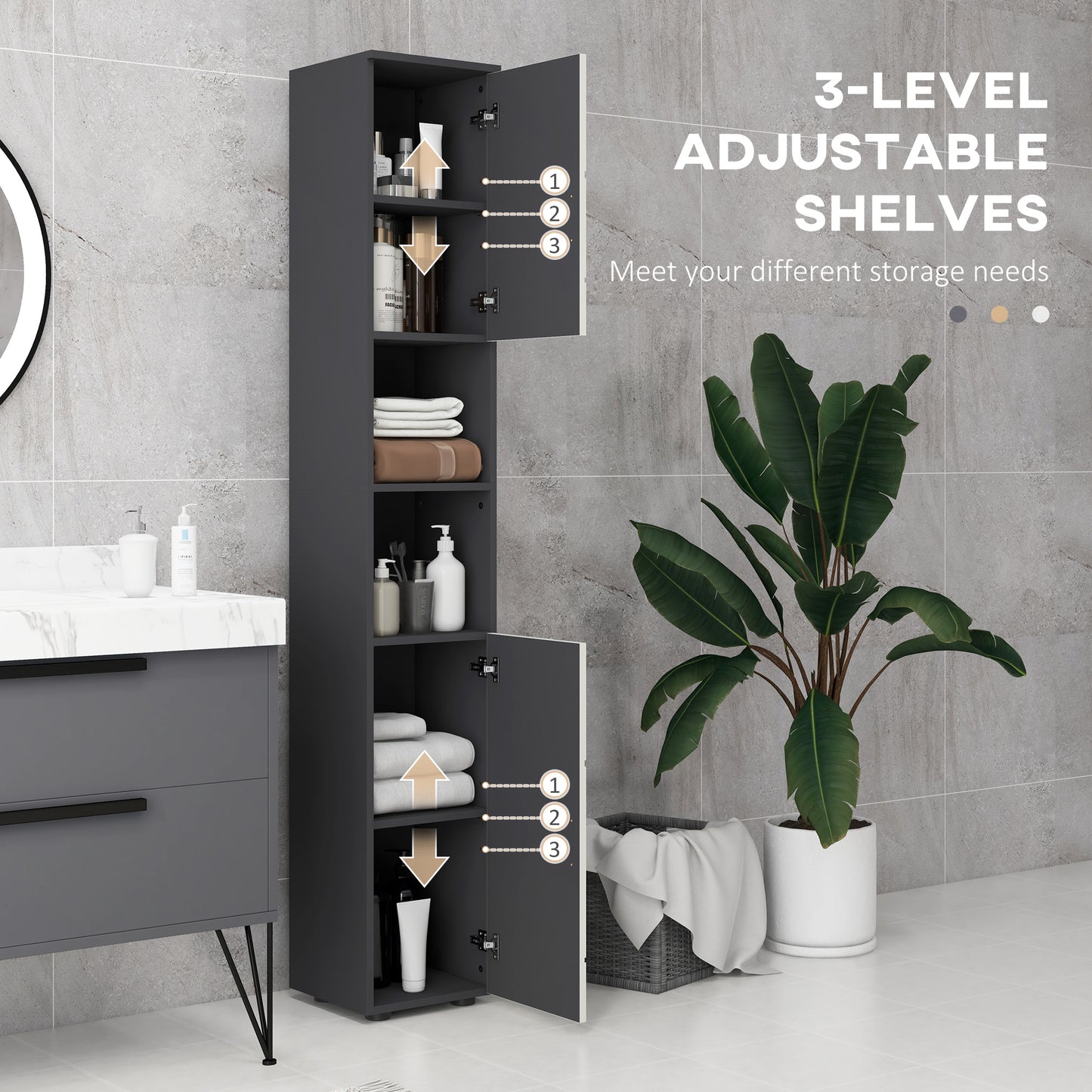 Nomalo Tall Minimalist Bathroom Storage Cabinet With Line Embossed Front And Adjustable Shelves Grey