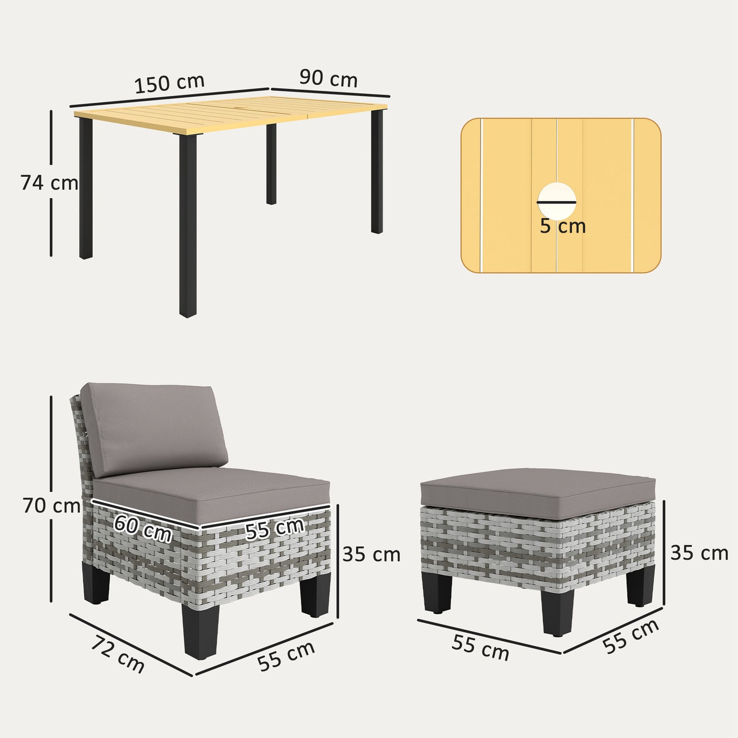 Luzise Grey Rattan 6 Seater Outdoor Dining Furniture Set Natural Wooden Rectangular Table