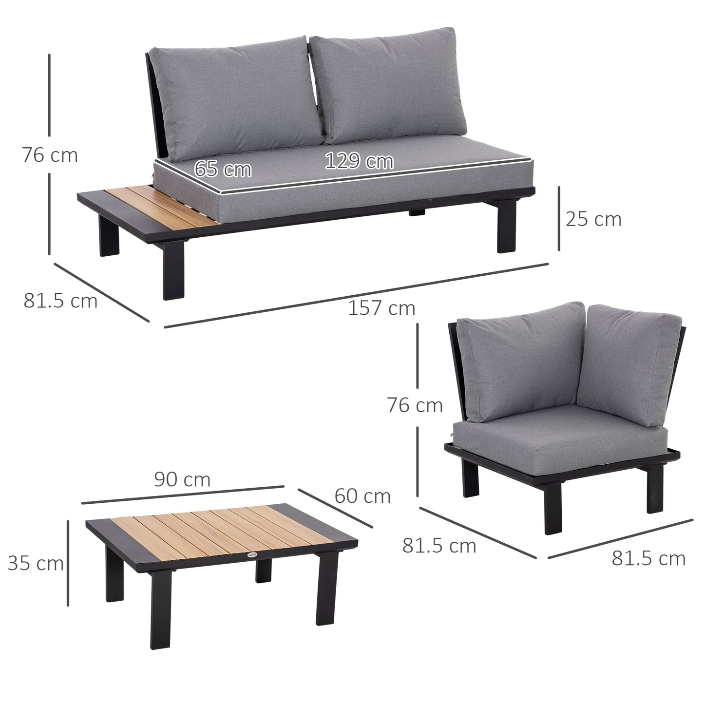 Lehak Aluminium Dark Grey 5 Seater L Shaped Garden Sofa Set With Coffee Table and 2 Side Tables