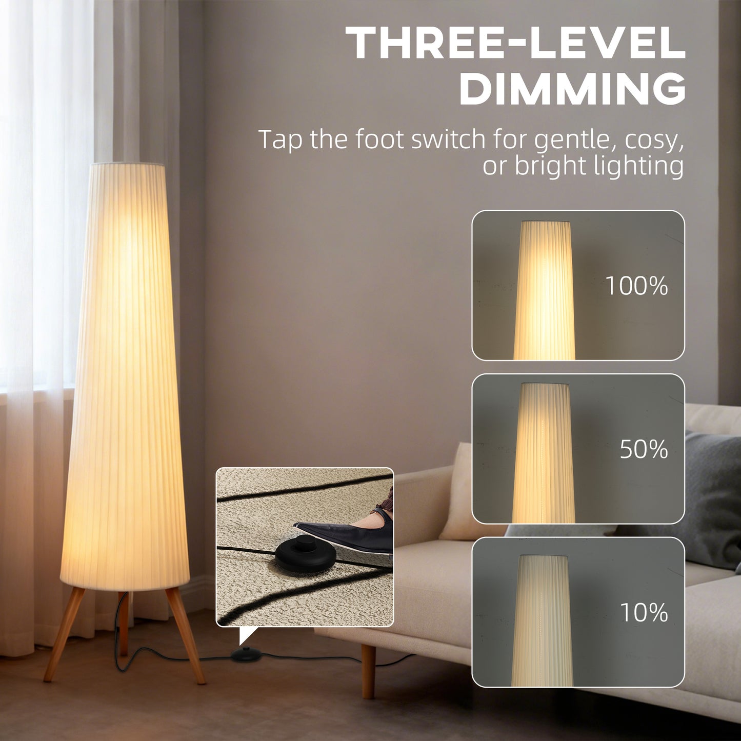 Liletti Natural Wood and White Fabric 3 Level Tripod Scandi Floor Lamp