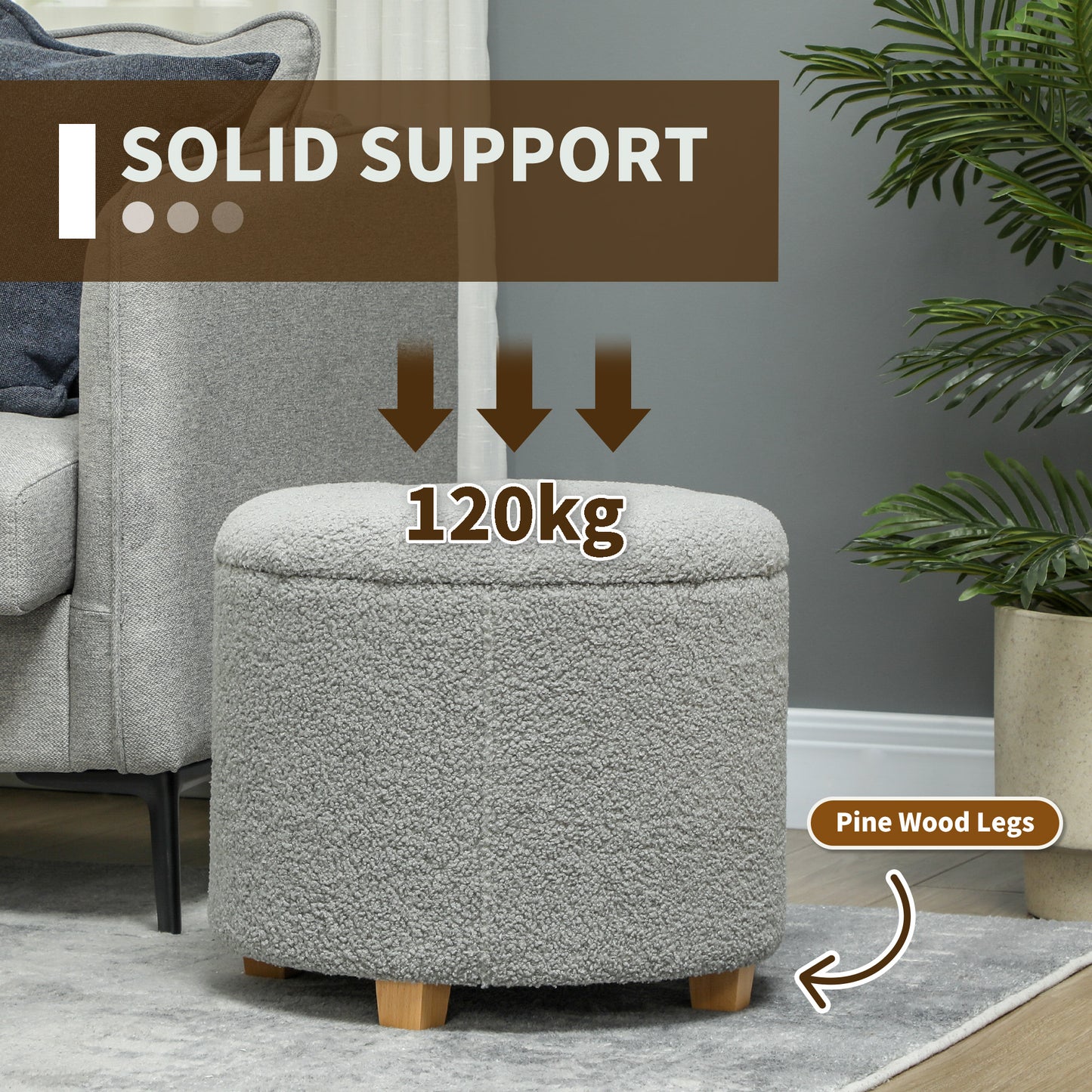 Valefi Teddy Fleece Light Grey Storage Ottoman Diamond Tufted Lid