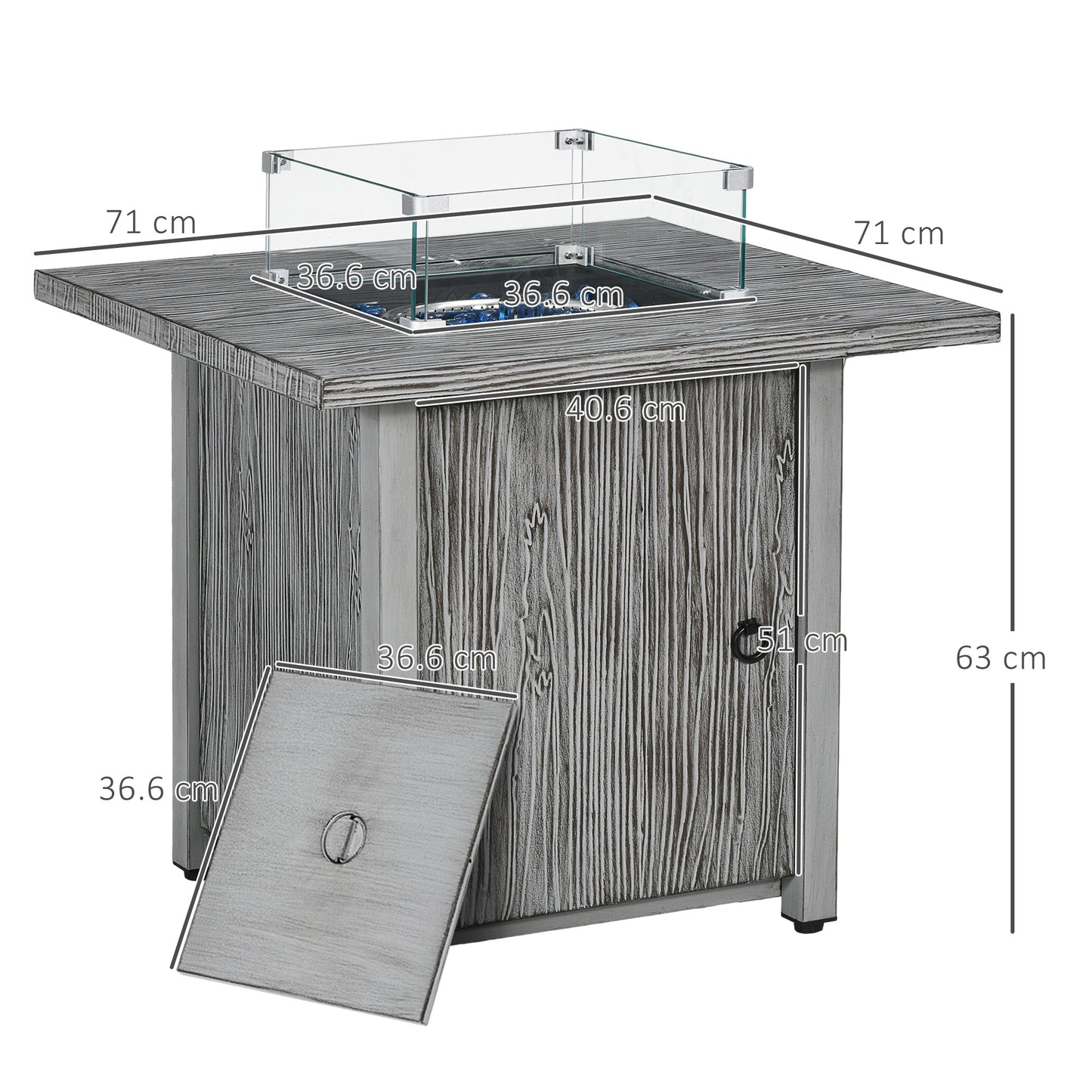 Vesoka Steel Grey Square Garden Outdoor Gas Fire Pit Table With Cover And Glass Screen