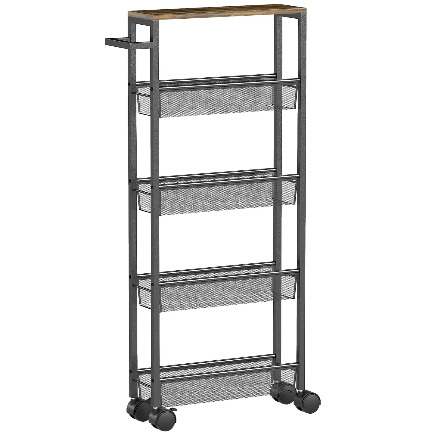 Raelno Metal Black 5 Tier Slim Storage Trolley With Wood Effect Top And Handle