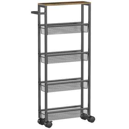 Raelno Metal Black 5 Tier Slim Storage Trolley With Wood Effect Top And Handle