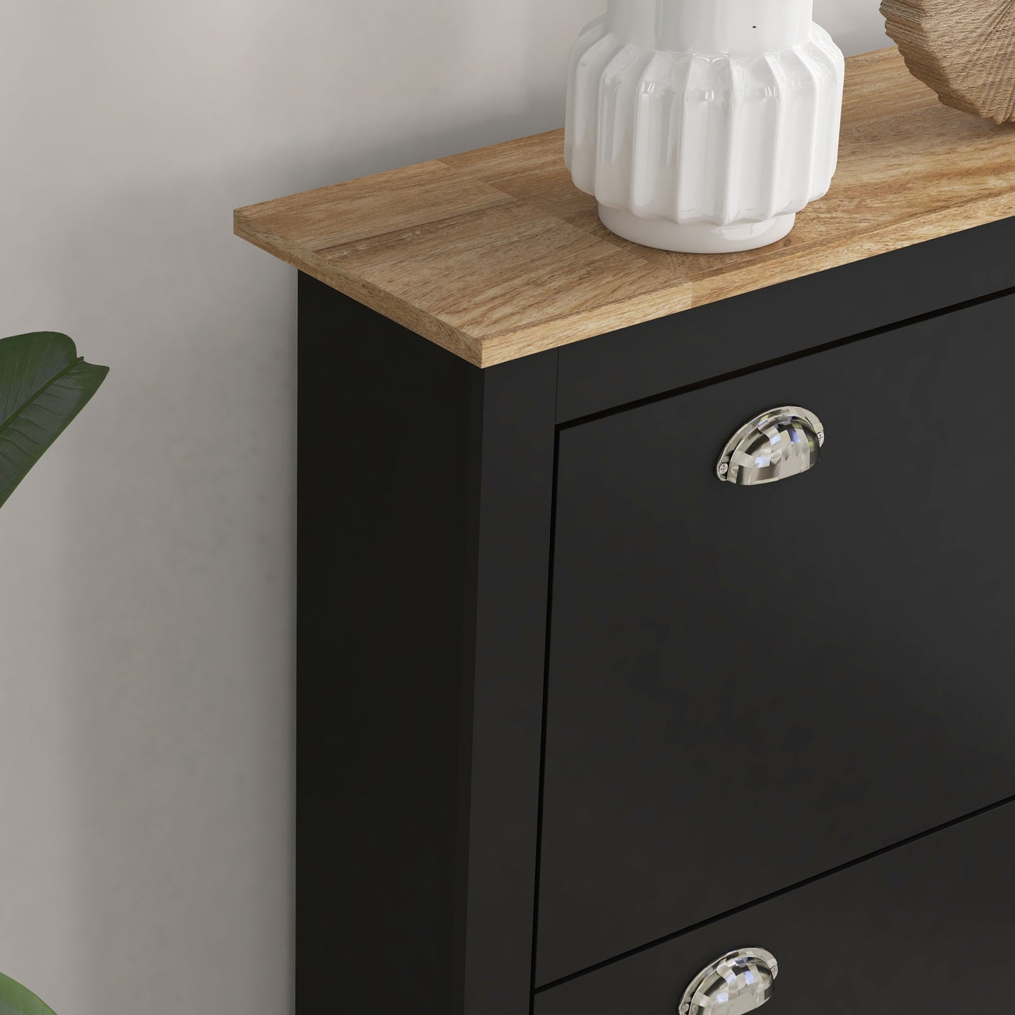 Resuka Wooden Black Slim Shoe Cabinet With 2 Flip Drawers For 6 To 12 Pairs