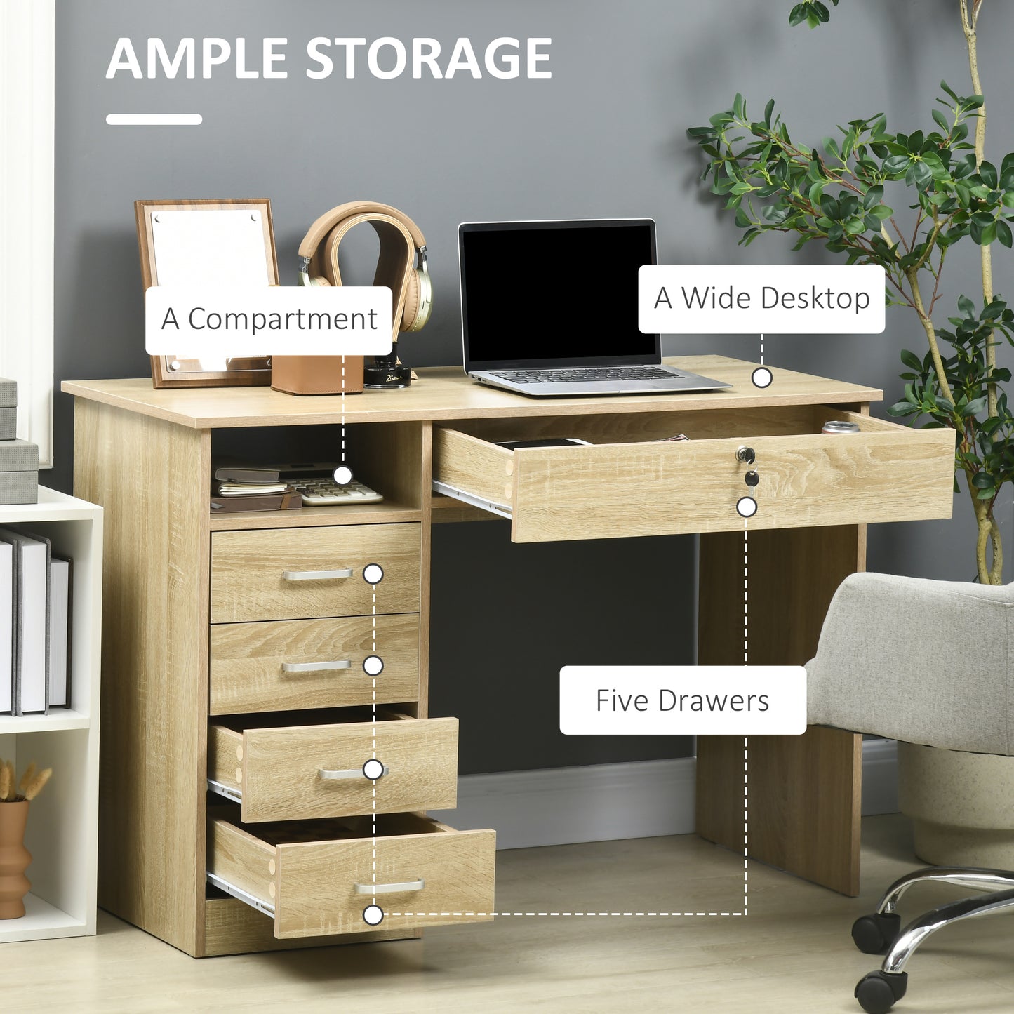 Yodino 110cm Oak Finish Home Office Desk With 5 Drawers And Side Shelving