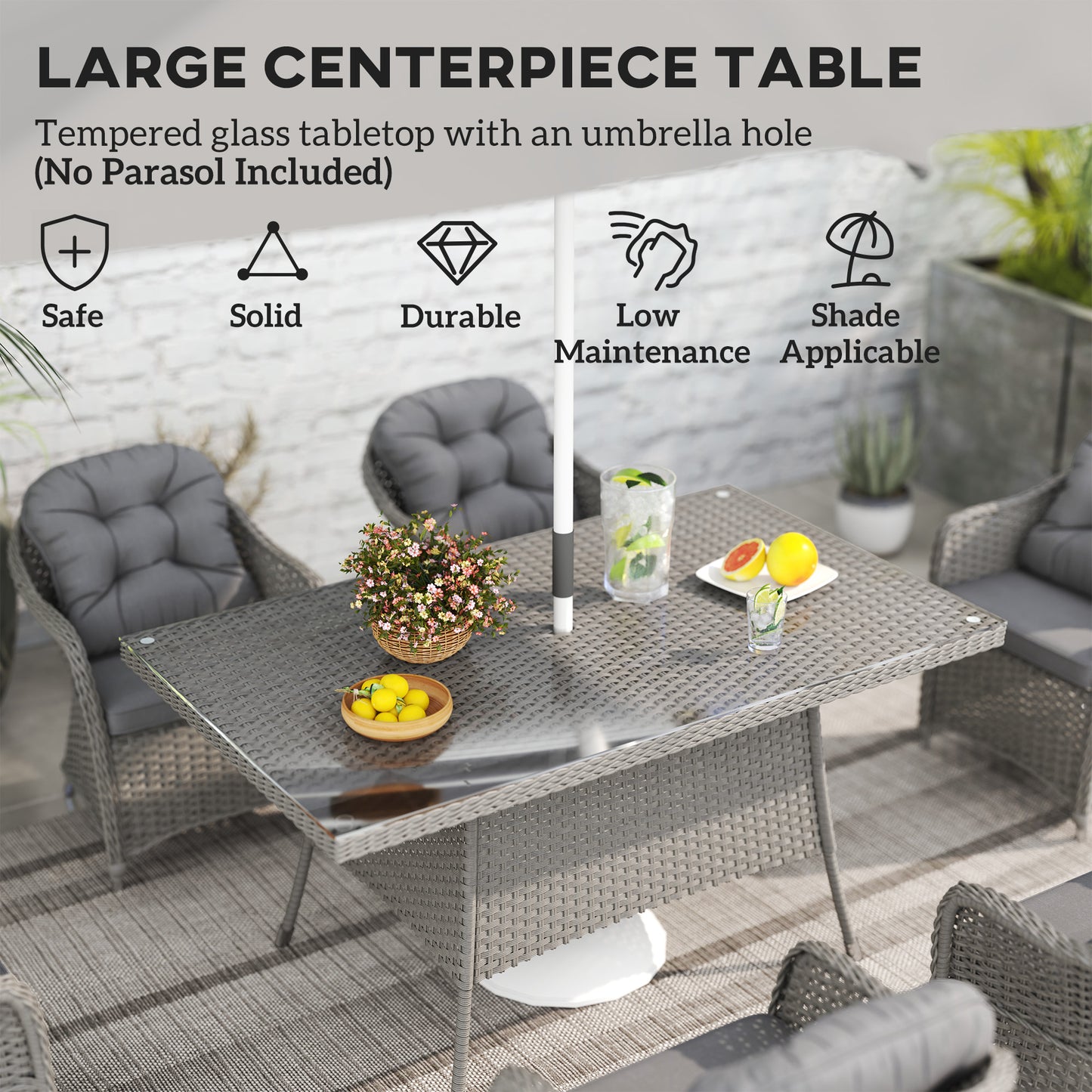 Bami  Light Grey Rattan 6 Seater Outdoor Dining Furniture Set with Glass Rectangular Table