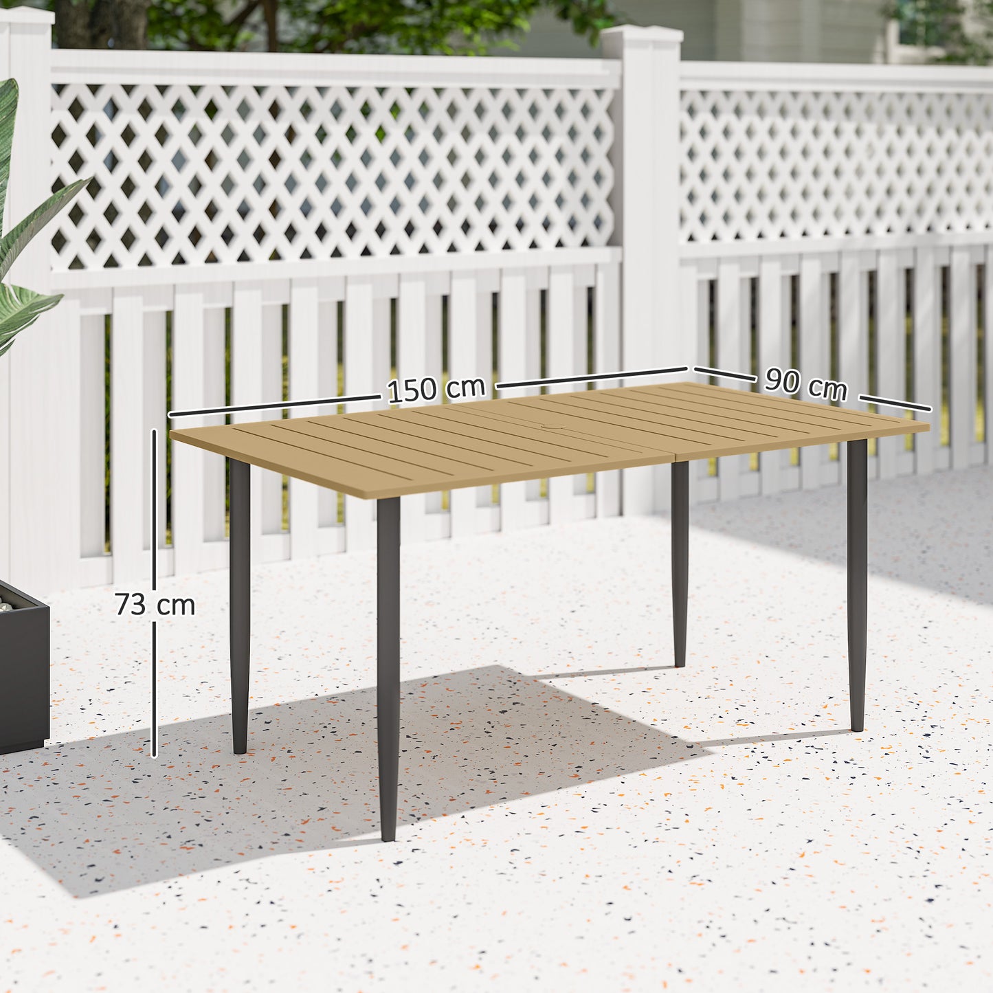 Safafa 150cm Metal Brown Rectangular Garden Dining Table With Slatted Top And Parasol Hole