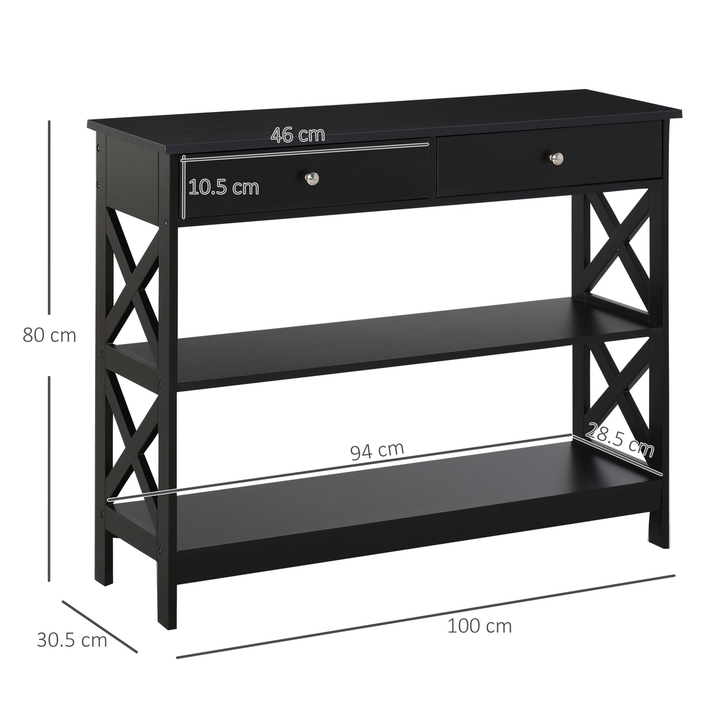 Kafa 100cm Wooden Black X Frame Console Table With Drawers And 2 Shelves