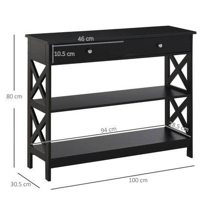 Kafa 100cm Wooden Black X Frame Console Table With Drawers And 2 Shelves