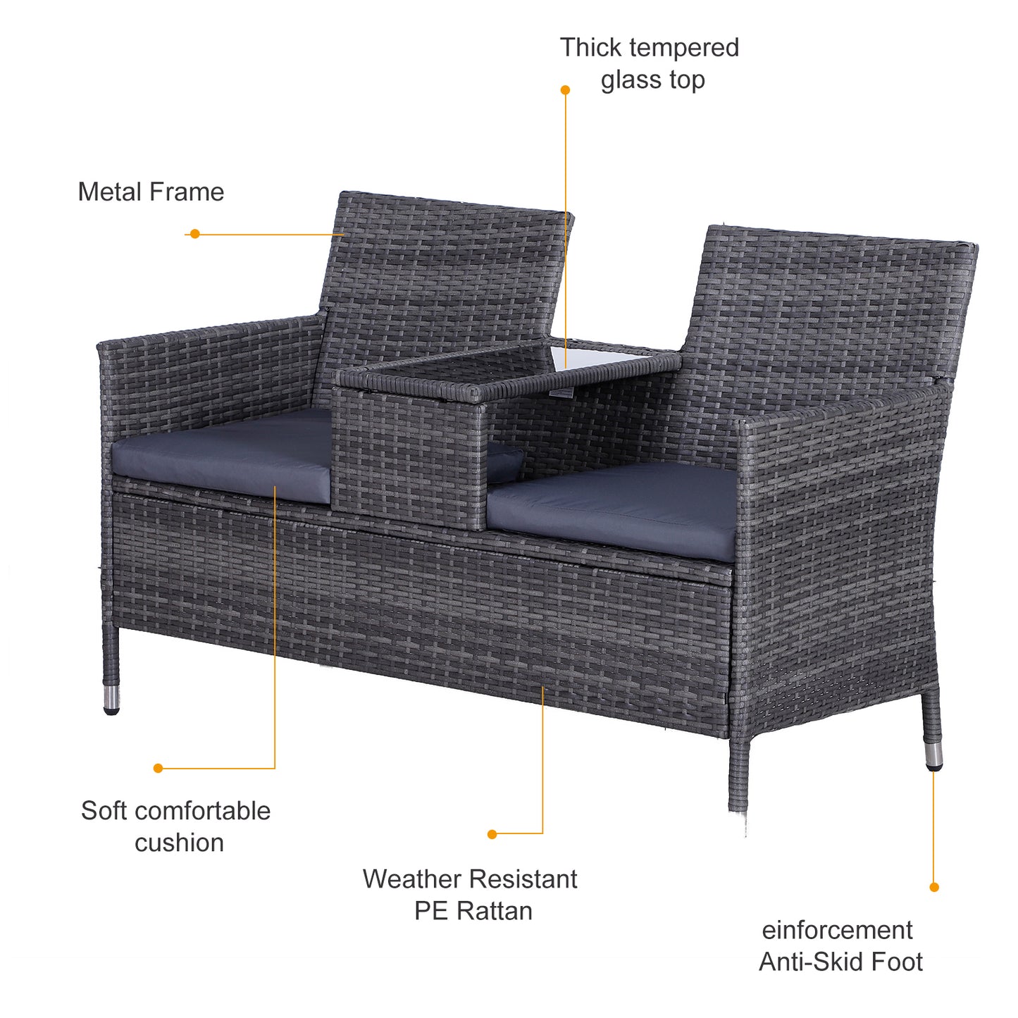Tapata Rattan Grey 2 Seater Outdoor Garden Bench With Central Table