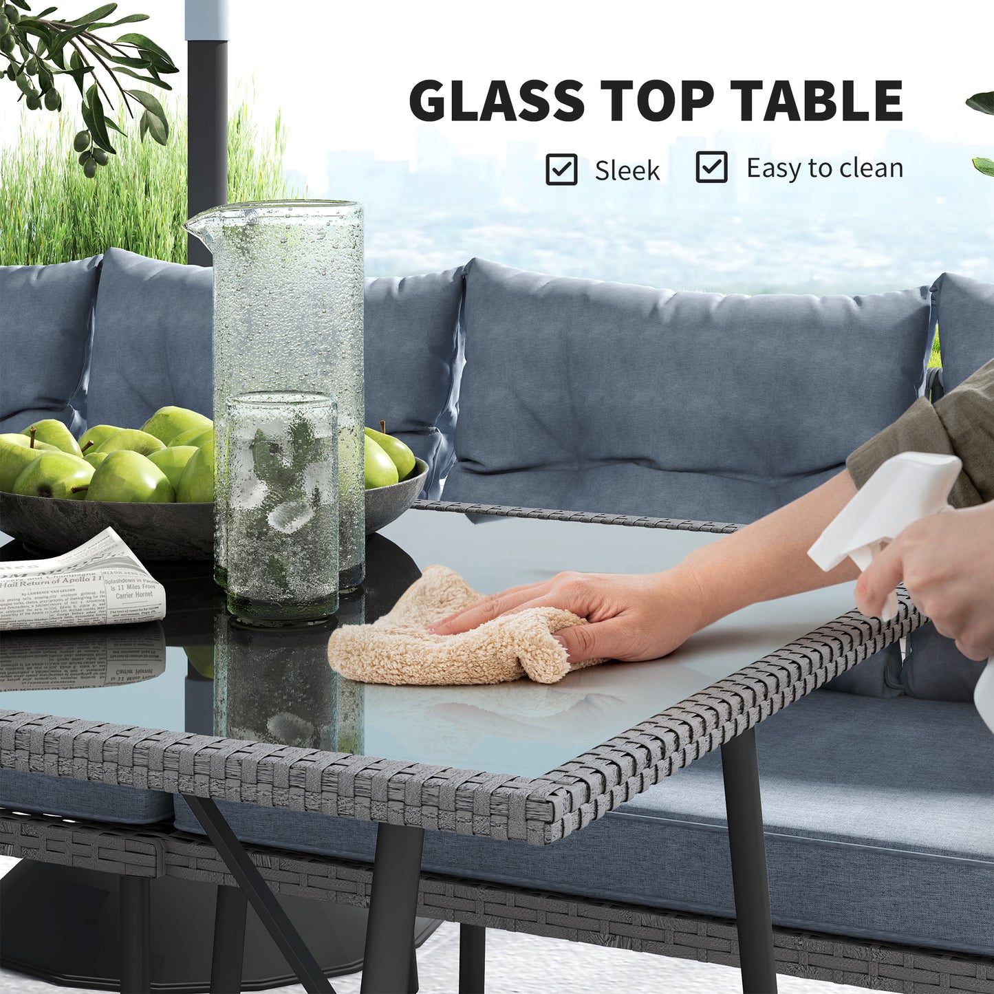 Relu Rattan Grey 8 Seater Outdoor Corner Sofa Set With Glass Top Table