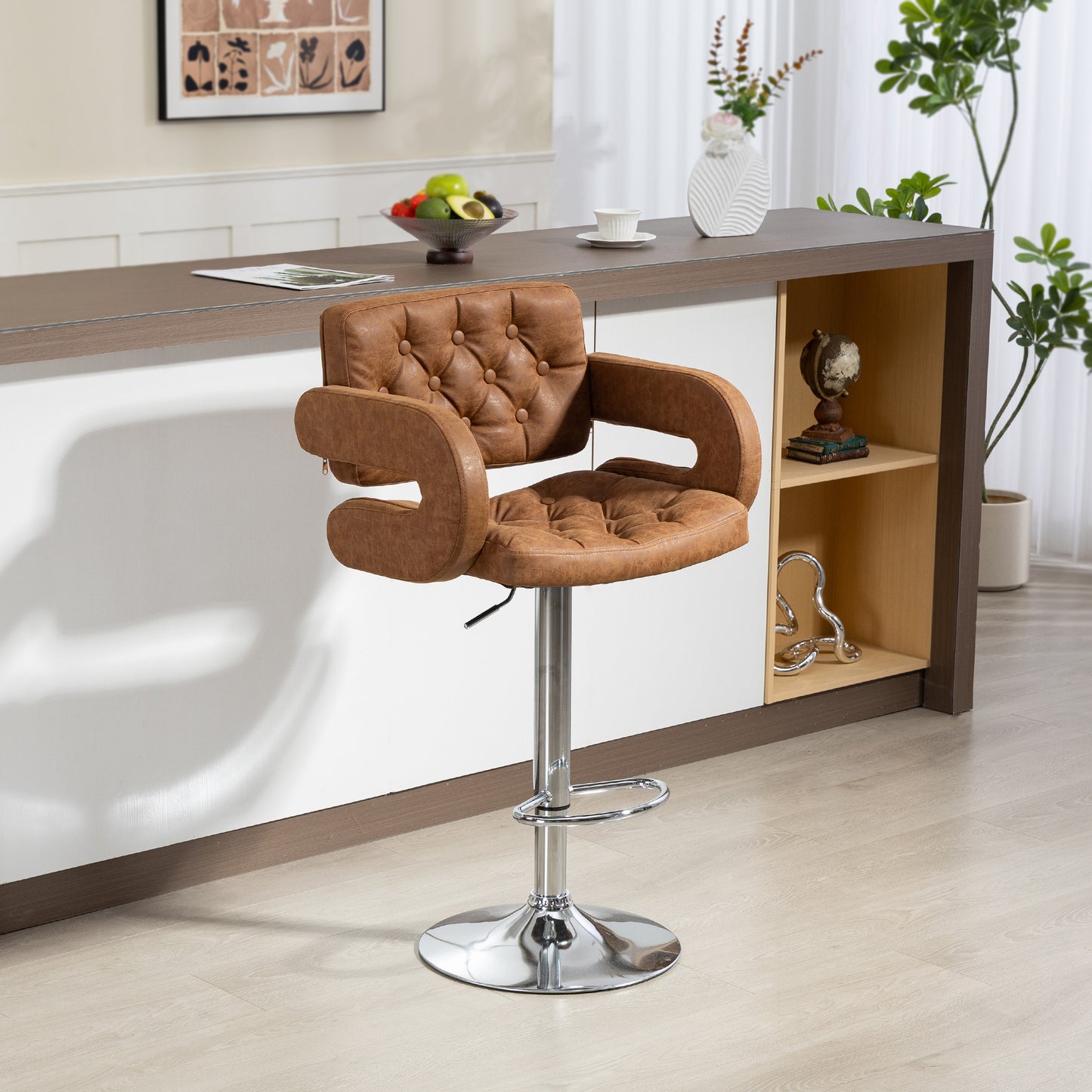 Dovetti Brown Faux Leather H8 Adjustable Swivel Bar Stool With Back And Arms