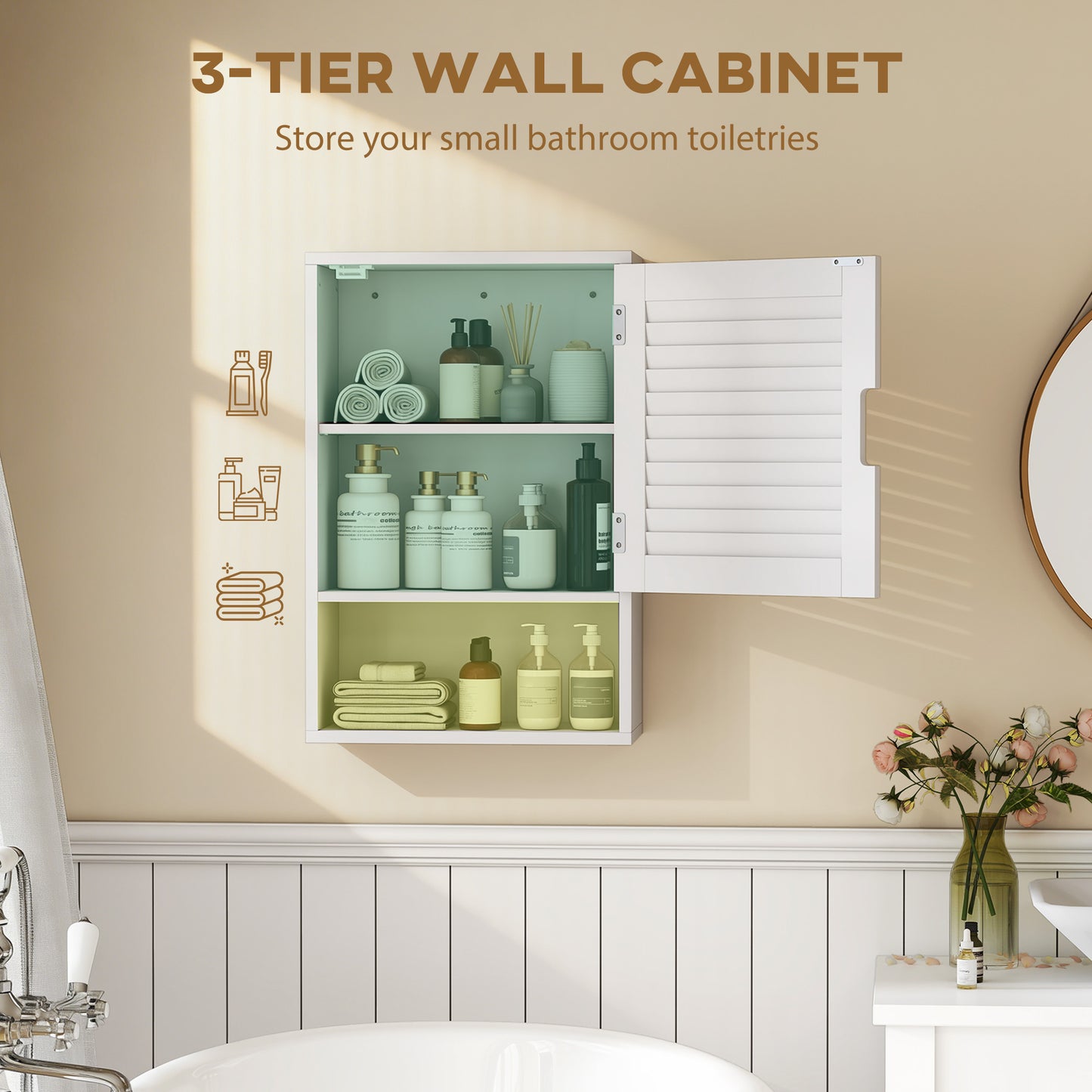 Zidi Rolette Wall Mounted Bathroom Storage Cabinet With Adjustable Shelves White 40 x 20 x 60cm