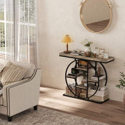 Reyore Metal And Wooden Rustic Brown Industrial Console Table With OFauxn Shelving