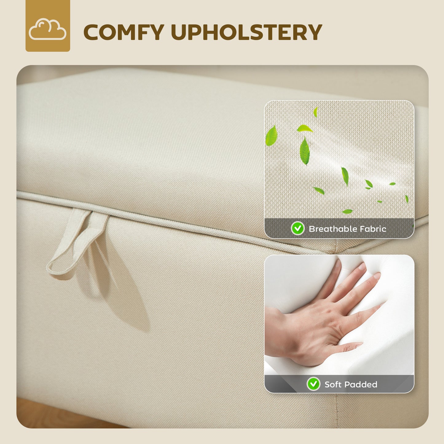 Pase Linen Beige Compact Storage Footstool Natural Wooden Legs
